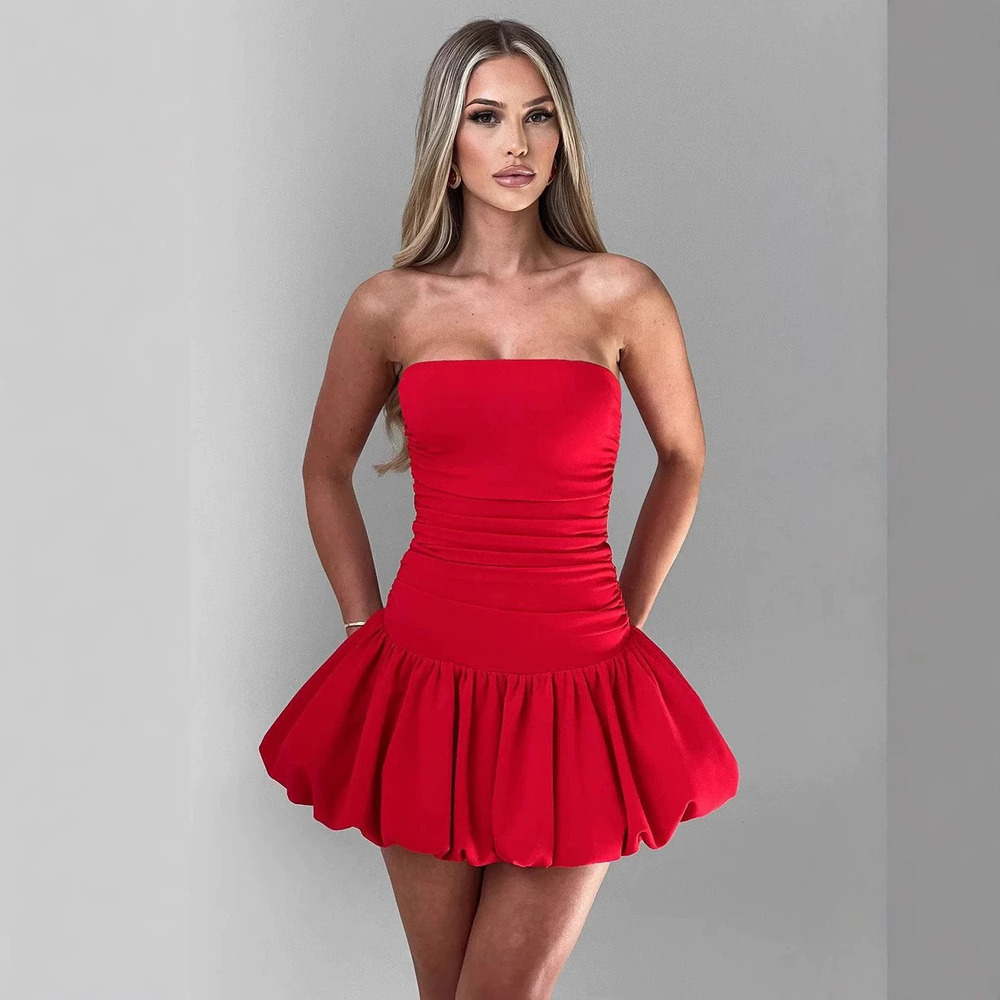 Zara Off Shoulder Solid Color Tube Top Sleeveless Short Bubble Dress